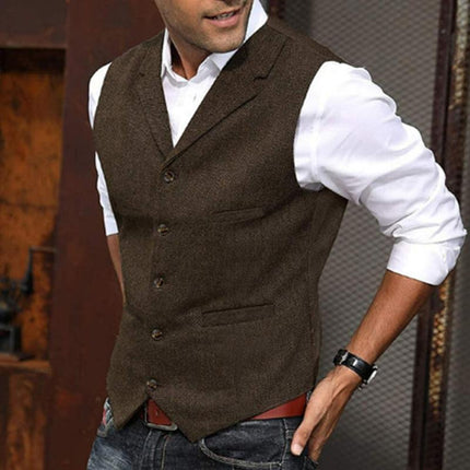 Men's Slim Fit Herringbone Suit Vest | Vintage Style | Single Breasted | Notch Lapel | Wool Blend | Elegant Formal & Smart Casual Layering | Adjustable Back Strap | Versatile Colors & Sizes
