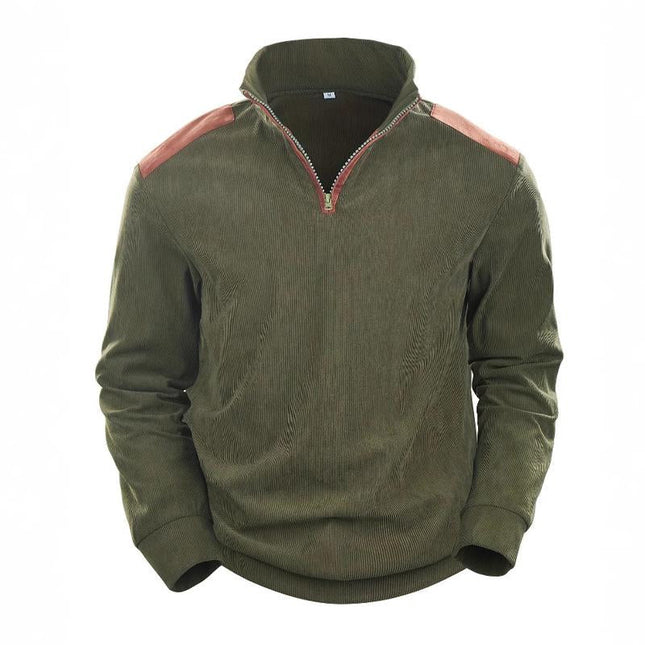 Men's Sweatshirt | Vintage Patchwork Design | Stand Collar | Long Sleeve | Soft Cotton Blend | Earthy Tones | Casual & Semi-Formal | Relaxed Fit | Retro Style | Unique Detailing | Versatile Layering