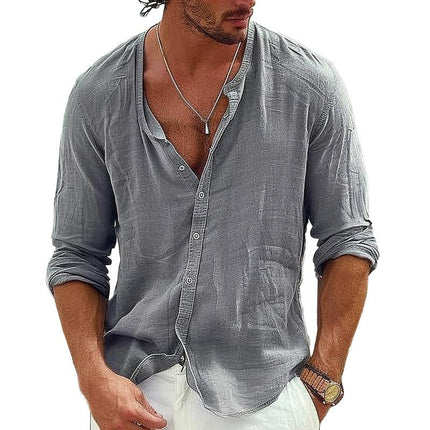 Men's Cotton Linen Shirt | Stand Collar | Single Breasted | Long Sleeves | Casual Fit | Soft & Breathable | Machine Washable | Versatile Style | Available in Various Sizes