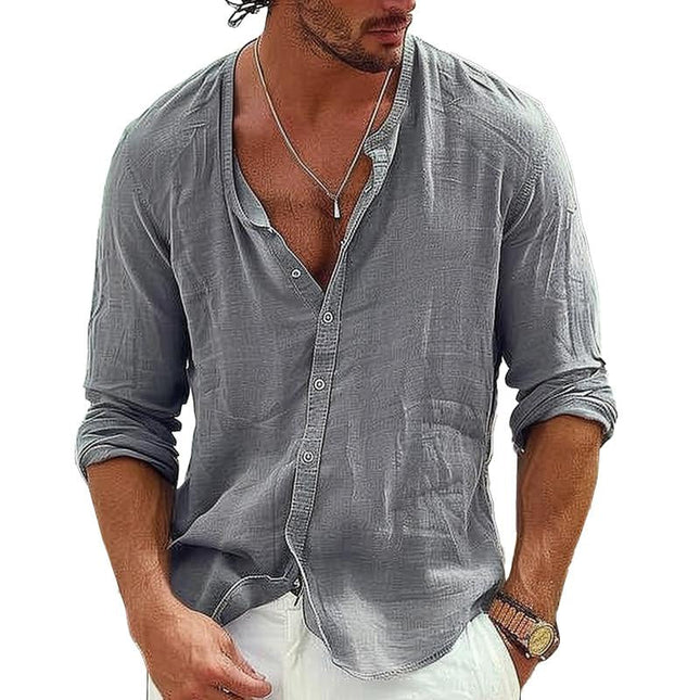 Men's Cotton Linen Shirt | Stand Collar | Single Breasted | Long Sleeves | Casual Fit | Soft & Breathable | Machine Washable | Versatile Style | Available in Various Sizes