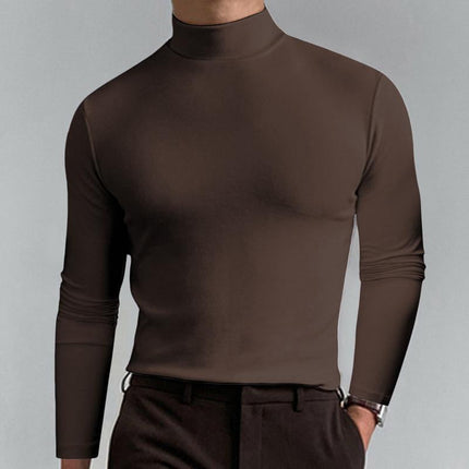 Men's Long Sleeve T-Shirt | High Neck | Solid Color | Fitted Cut | Casual Wear | Breathable Fabric | Versatile Styling | Suitable for Fall Winter | Modern Silhouette | Comfortable Everyday Top