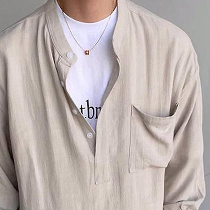 Men's Long Sleeve Henley Shirt | Solid Color Cotton Top | Casual Wear | Versatile & Comfortable | Button-Front Collar | Fall & Winter Fashion | James Visionary Design | Relaxed Fit | Breathable & Durable