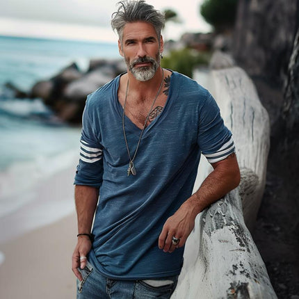 Men's V-Neck Striped Patchwork T-Shirt | Loose Fit Long Sleeve Cotton Shirt | Casual Modern Style | Breathable Premium Fabric | Comfortable All-Day Wear | Trendy Design for Everyday Outfit