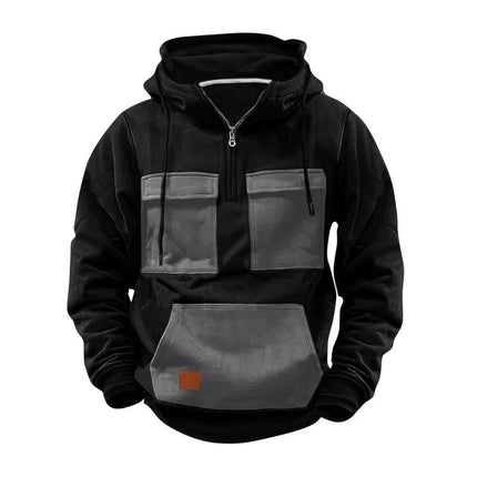 Men's Colorblock Design Half Zip Hoodie | Front Pocket | Casual Sportswear | Soft Cotton Blend | Breathable and Durable | Regular Fit | Long Sleeves with Ribbed Cuffs | Modern Stand Collar | Adjustable Ventilation