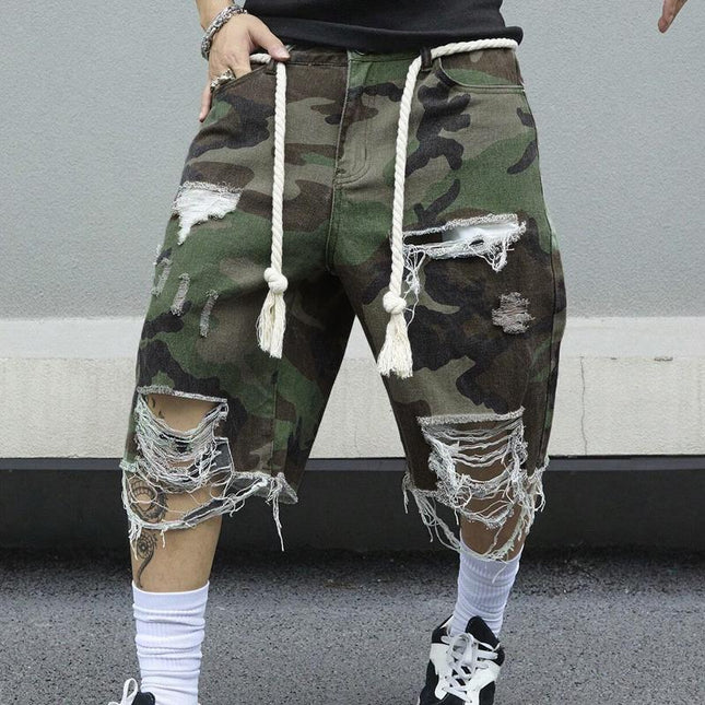 Men's Camouflage Slim Fit Cropped Trousers | Washed Ripped Distressed Design | Durable Cotton Spandex Blend | Vintage Soft Feel | Breathable Fabric | Casual Streetwear | Edgy Modern Style | Trendy Ankle Length