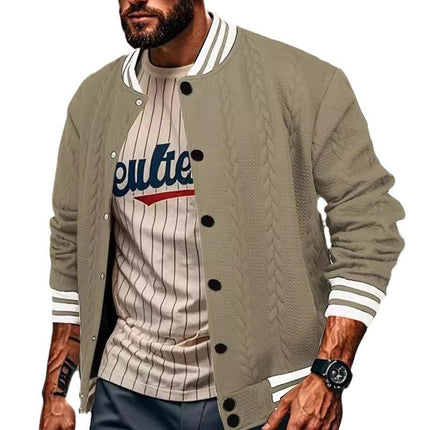 Men's Baseball Jacket | Casual Single Breasted Cardigan Style | Ribbed Stand-Up Collar | Long Sleeves with Ribbed Cuffs | Cotton-Polyester Blend | Lightweight & Warm | Side Pockets | Ideal for Autumn & Spring