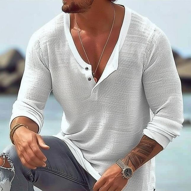 Men's Breathable Cotton Linen T-Shirt | U Neck | Long Sleeve | Casual Fit | Soft & Airy Fabric | Versatile Style | Easy Care | Ideal for Layering | Various Sizes | Everyday Comfort