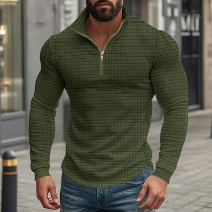 Men's Long Sleeve T-Shirt | Half-Zip Stand Collar | Small Square Pattern | Modern Style | Breathable Fabric | Comfortable Fit | Versatile Layering | Casual & Smart-Casual Wear