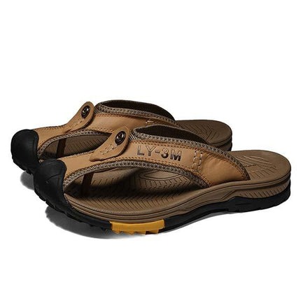 Men's Non-Slip Beach Slippers | Wear-Resistant Sandals | Anti-Collision Toe Cap | Durable Leather Upper | Rugged Rubber Outsole | Great Traction & Durability