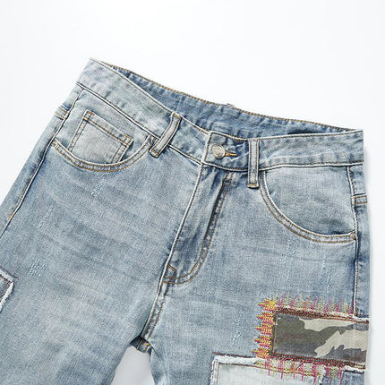 Men's Jeans | Patchwork Embroidery | Regular Fit | Full Length | Durable Cotton-Blend Denim | Distressed Vintage Look | Classic Five-Pocket | Casual Streetwear Style | Comfortable Artistic Fashion