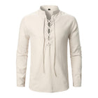 Men's Casual Long Sleeve Shirt | Cotton Linen Blend | Lace-up V-Neck | Breathable Lightweight | Relaxed Fit | Perfect for Beachwear or Travel | Comfortable and Stylish Wardrobe Essential