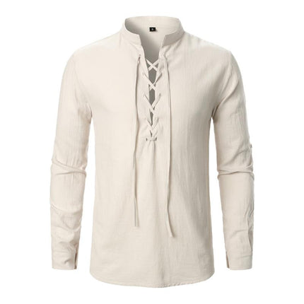 Men's Casual Long Sleeve Shirt | Cotton Linen Blend | Lace-up V-Neck | Breathable Lightweight | Relaxed Fit | Perfect for Beachwear or Travel | Comfortable and Stylish Wardrobe Essential