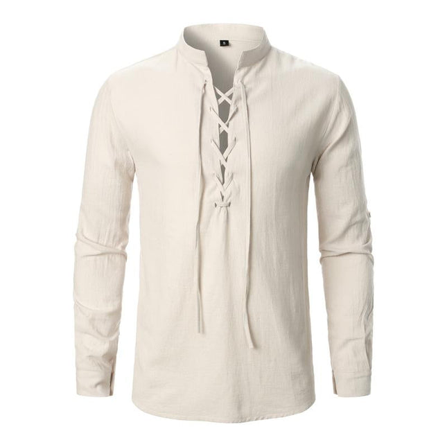 Men's Casual Long Sleeve Shirt | Cotton Linen Blend | Lace-up V-Neck | Breathable Lightweight | Relaxed Fit | Perfect for Beachwear or Travel | Comfortable and Stylish Wardrobe Essential