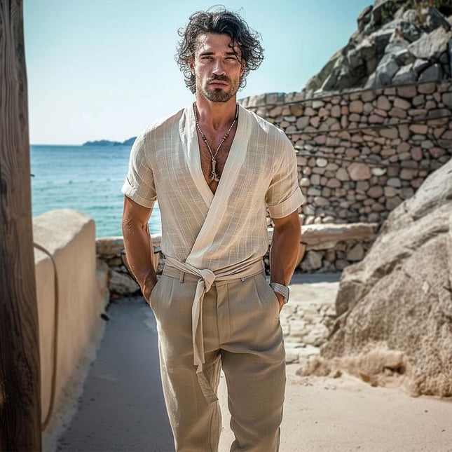 Men's Solid Color Round Neck T-Shirt | Short Sleeve | Cotton Linen Blend | Breathable Fabric | Versatile Design | Casual Outings | Summer Comfort | Sizes Available | Easy Styling with Jeans or Shorts