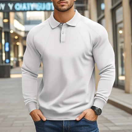 Men's Long Sleeve Polo Shirt | Solid Color | Lapel Collar | Raglan Sleeves | Casual & Classic Style | Comfortable Cotton Blend | Relaxed Fit | Versatile for Everyday Wear
