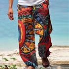 Men's Vintage Style Loose Fit Printed Pants | Cotton Blend | Casual Drawstring Trousers | Spring Summer Beach Wear | Comfortable Breathable Fabric | Ideal for Vacations & Leisure Activities