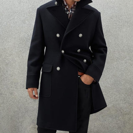 Men's Wool Blend Mid-Length Coat | Vintage Lapel | Double-Breasted | Classic Winter Outerwear | Timeless Sophistication | Elegant Formal Coat for Business & Events