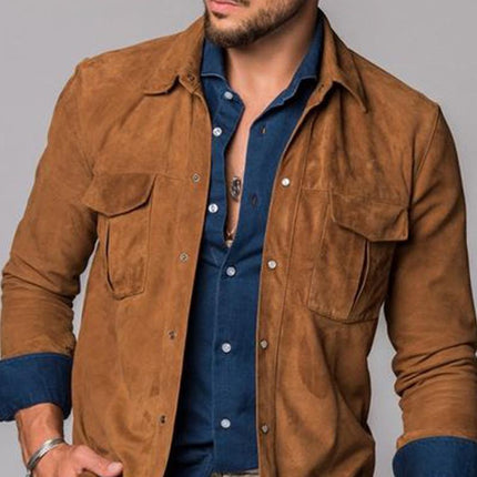 Men's Vintage Suede Overshirt | Double Breast | Chest Flap Pockets | Lapel Collar | High-Quality Material | Textured Appearance | Buttons Closure | Rugged Timeless Look | Outerwear | Coats & Jackets
