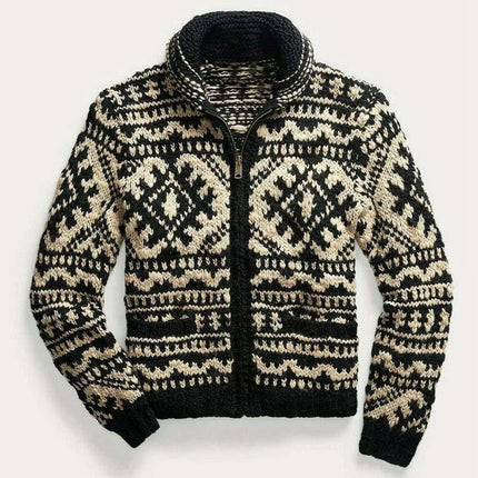 Men's Vintage Lapel Jacquard Knit Cardigan | Winter Outerwear | Cotton Blend | Long Sleeve | Straight Fit | Ribbed Hem | Fashionable Jacket | Casual Leisure Style | Jacquard Pattern | Retro Modern Look