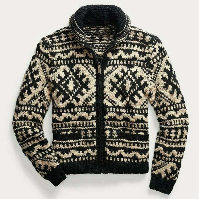 Men's Vintage Lapel Jacquard Knit Cardigan | Winter Outerwear | Cotton Blend | Long Sleeve | Straight Fit | Ribbed Hem | Fashionable Jacket | Casual Leisure Style | Jacquard Pattern | Retro Modern Look