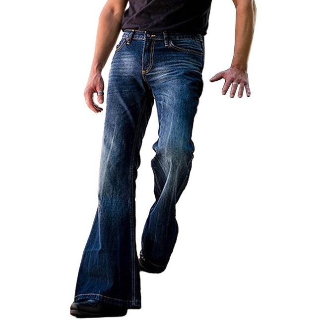 Men's Vintage Washed Denim Flared Jeans | Distressed Details | Retro 5-Pocket Style | Button Fly | Mid-Rise Waist | Classic Design | Trendy Men's Fashion | Durable Denim | Stylish Vintage Look