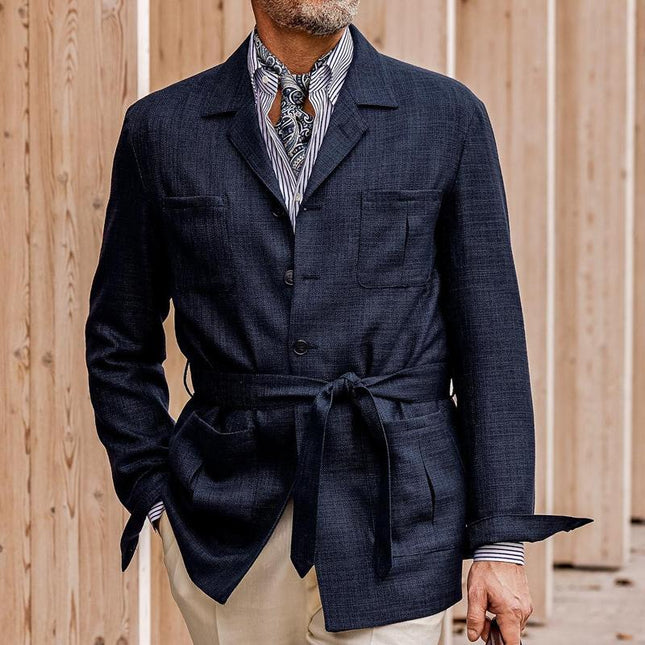 Men's Cotton Linen Blazer | Solid Color | Multi Pocket | Button Closure | Vintage Classic Style | Belted Waistband | Two Chest Pockets | Two Hand Pockets | Full Sleeves | Formal or Smart-Casual Wear | Breathable Comfort