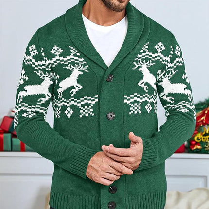 Men's Elk Jacquard Knit Cardigan | Shawl Collar | Long Sleeve | Ribbed Cuffs | Soft Warm Durable Knit | Open-Front Design | Versatile Layering Piece | Fall Winter Wardrobe Essential