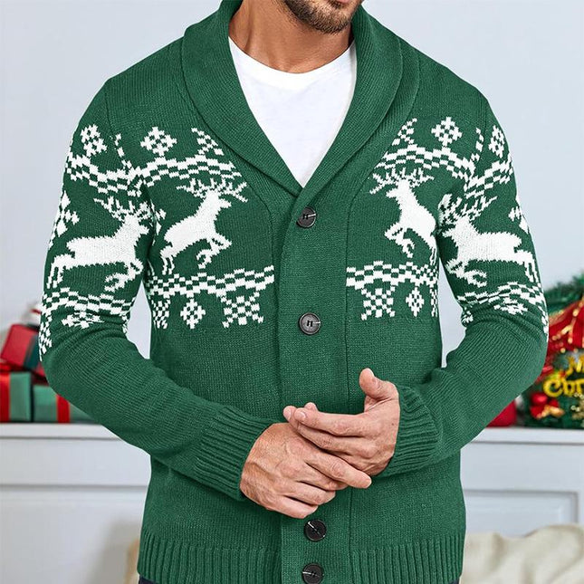 Men's Elk Jacquard Knit Cardigan | Shawl Collar | Long Sleeve | Ribbed Cuffs | Soft Warm Durable Knit | Open-Front Design | Versatile Layering Piece | Fall Winter Wardrobe Essential