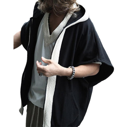 Men's Hooded Sweatshirt Jacket | Loose Fit | Short Sleeve | Color Block Design | Cotton Blend | Casual Outdoor Wear | Spring Summer Fall