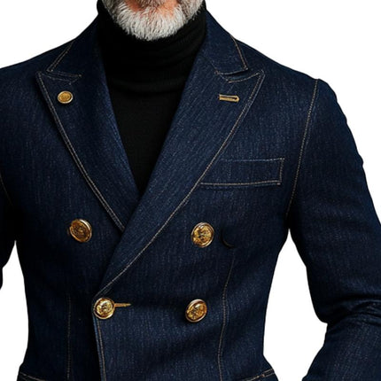 Men's Stylish Denim Blazer | Double Breasted Jacket | Notched Lapel | Long Sleeves | Button Cuffs | High-Quality Denim Fabric | Classic Blue | Semi-Formal | Versatile Outerwear | Casual Smart Wear