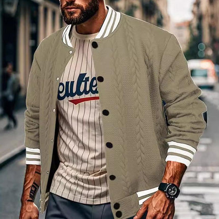 Men's Baseball Jacket | Casual Single Breasted Cardigan Style | Ribbed Stand-Up Collar | Long Sleeves with Ribbed Cuffs | Cotton-Polyester Blend | Lightweight & Warm | Side Pockets | Ideal for Autumn & Spring