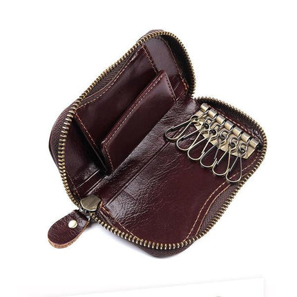 Vintage Leather Key Case | Premium Soft Leather | Slim & Lightweight Design | Durable Metal Key Buckle for Easy Access | Solid Wear-Resistant Zipper | Small Button Coin Wallet | Holds 6 Keys
