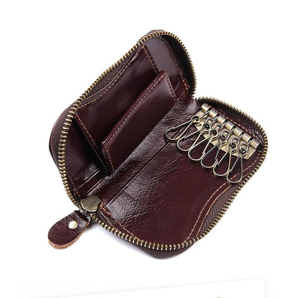 Vintage Leather Key Case | Premium Soft Leather | Slim & Lightweight Design | Durable Metal Key Buckle for Easy Access | Solid Wear-Resistant Zipper | Small Button Coin Wallet | Holds 6 Keys