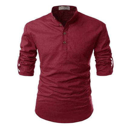 Men's 100% Cotton Linen Solid Color Stand Collar Dress Shirt | Long Sleeve | Neck Button Design | Casual Spring Summer Shirt | Breathable & Soft Fabric