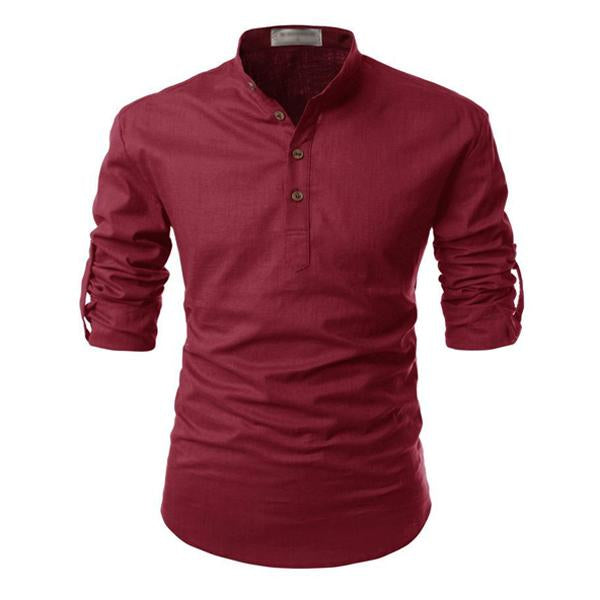 Men's 100% Cotton Linen Solid Color Stand Collar Dress Shirt | Long Sleeve | Neck Button Design | Casual Spring Summer Shirt | Breathable & Soft Fabric
