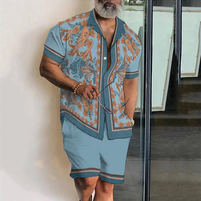 Men's Vintage Two-Piece Set | Lapel Collar Short Sleeve Top | Polyester Printed Shorts | Spring Summer Fashion | Breathable Anti-Wrinkle Suit | Comfortable Fit | Button Closure | Multiple Sizes