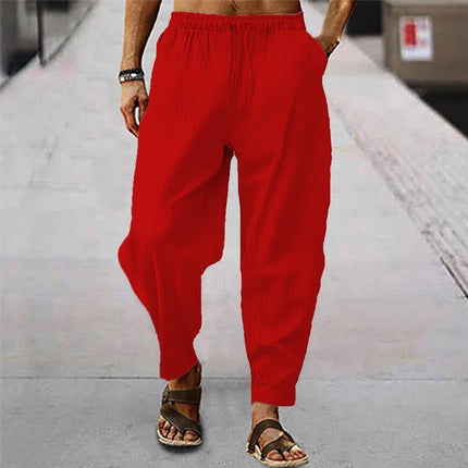 Men's Loose Fit Striped Trousers | Breathable Cotton Linen Blend | Casual Sports Pants | Elastic Drawstring Waistband | Stylish Comfortable Design | Ideal for Everyday Wear