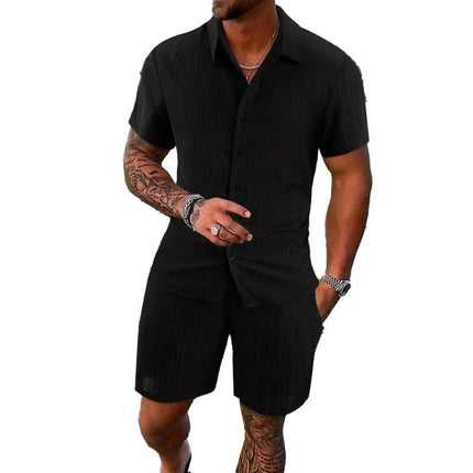 Men's Casual Set | Solid Color Striped Lapel Shirt | Short Sleeve | Tailored Shorts | Premium Fabric | Versatile Outfit | Stylish Designs | Comfortable Fit