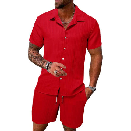 Men's Casual Set | Solid Color Striped Lapel Shirt | Short Sleeve | Tailored Shorts | Premium Fabric | Versatile Outfit | Stylish Designs | Comfortable Fit