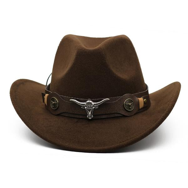 High Quality Suede Western Cowboy Hat | Crushable Outdoor Design | Vintage Faux Leather Hatband with Bull Head Pattern | Casual Style | Perfect for Travel, Hiking, Hunting, Riding | All Season Wear
