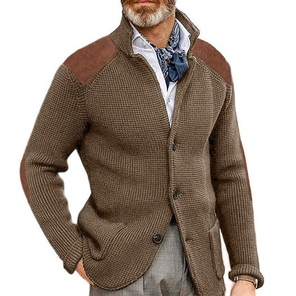 Men's Vintage Knitted Blazer | Stand Collar | Patchwork Detail | Slim Fit | Long Sleeve | Elegant Outerwear | Classic Style