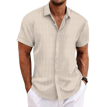 Men's Cotton Linen Blend Shirt | Stripe Print | Loose Short Sleeve | Lapel Collar | Breathable Fabric | Casual Dress Shirt