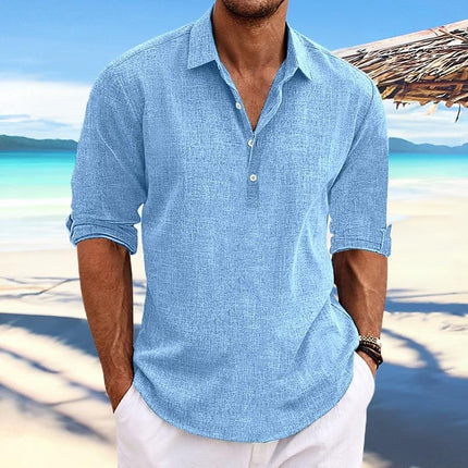 Men's Solid Color Pullover Shirt | Cotton & Linen Blend | Lapel Collar | Roll-Up Sleeves | Casual Long Sleeve Top | Breathable Fabric | Versatile Style