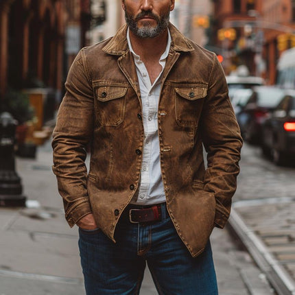 Men's Vintage Leather Jacket | Heavy Washed Leather | Lapel Collar | Single Breasted | Multi-Pocket Design | Durable Outerwear | Classic Style | Casual Workwear