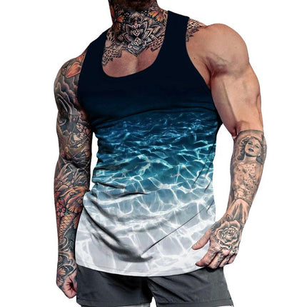 Men's Sleeveless Tank Top | Gradient Wave Design | Round Neck | Breathable Polyester | Casual Loose Fit | Muscle Showcase | Printed Fashion | Spring Summer | Multiple Sizes | Stylish and Comfortable