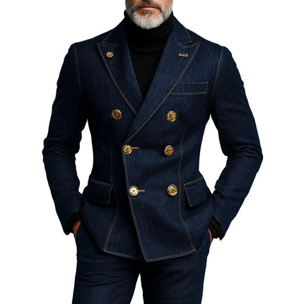 Men's Stylish Denim Blazer | Double Breasted Jacket | Notched Lapel | Long Sleeves | Button Cuffs | High-Quality Denim Fabric | Classic Blue | Semi-Formal | Versatile Outerwear | Casual Smart Wear