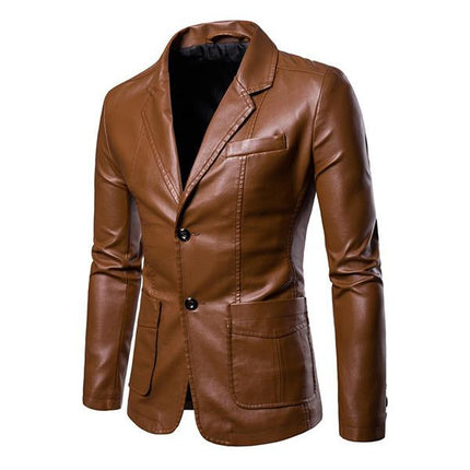 Men's Vintage Style Blazer | Two Button PU Leather Jacket | Slim Fit | Single Breasted | Classic Lapel | Stylish Outerwear | Fashion Forward | High Quality Craftsmanship | Versatile & Durable