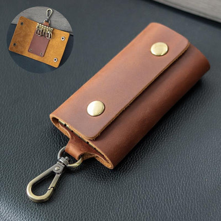 Cowhide Key Case for Men | Retro Casual Style | Waist Hanging Design | Button Closure | Short Length | Hook Element | Plain Pattern