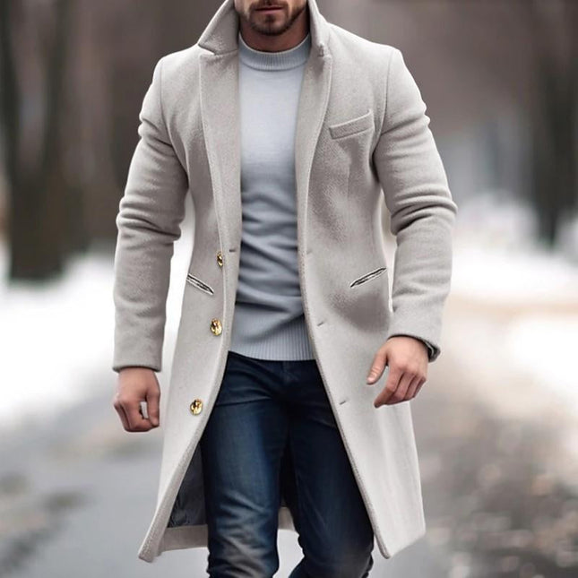 Men's Vintage Long Woolen Coat | Solid Color | Single-Breasted Lapel Design | Warm Elegant Outerwear | Formal Winter Jacket