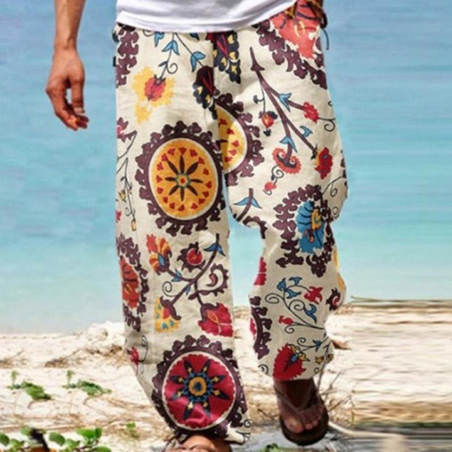 Men's Vintage Style Loose Fit Printed Pants | Cotton Blend | Casual Drawstring Trousers | Spring Summer Beach Wear | Comfortable Breathable Fabric | Ideal for Vacations & Leisure Activities